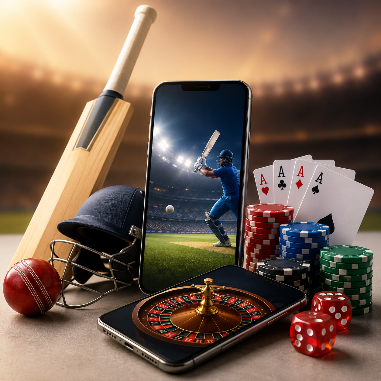 Cricket batsman hitting a powerful shot under stadium floodlights