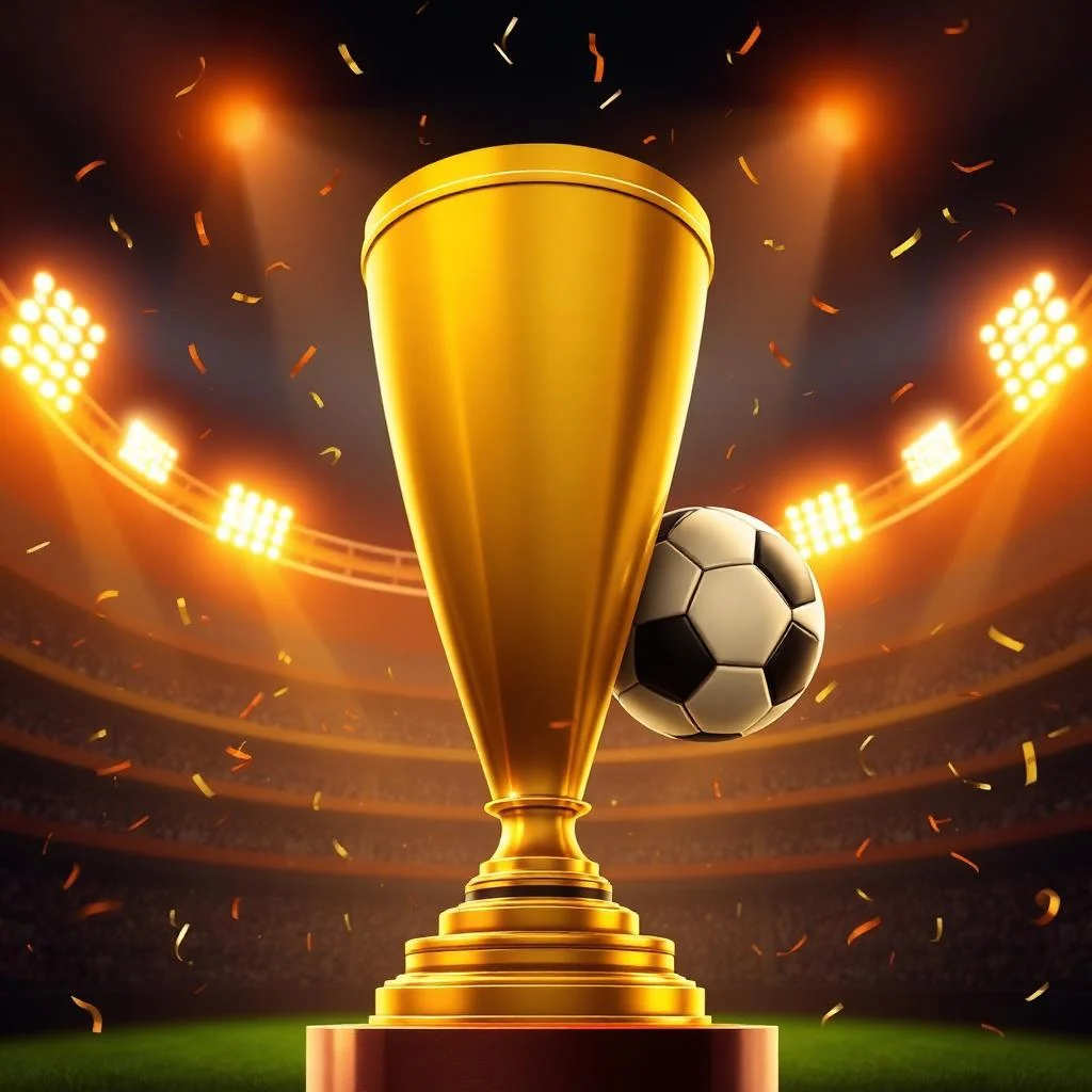 Golden trophy with cricket and football tournament celebration