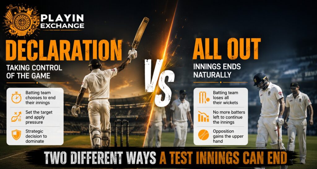 Playinexch: Declaration vs All Out | Two Very Different Ways a Test Innings Can End