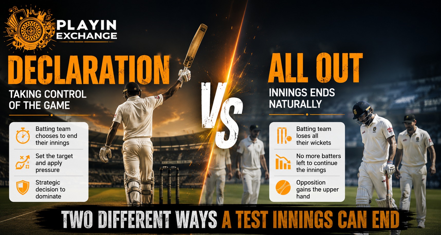 Playinexch: Declaration vs All Out | Two Very Different Ways a Test Innings Can End