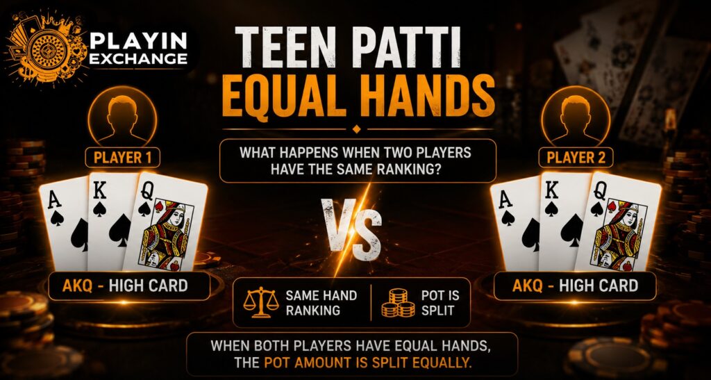 Playinexch: Teen Patti Equal Hands | What Happens When Two Players Have the Same Ranking?